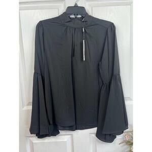 T Tahari Blouse Womens Size S Black Mock Neck Keyhole Large Bell Sleeve Chic